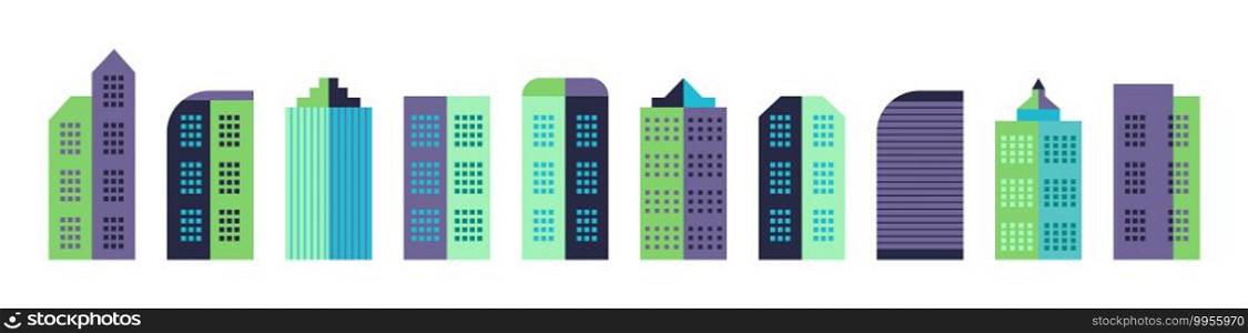 City building in minimal style. Town landscape with architecture and houses. Modern cityscape with commercial geometric buildings. Design urban apartments on white background. Graphic template. Vector. City building in minimal style. Town landscape with architecture, houses. Modern cityscape with commercial geometric buildings. Design urban apartments on white background. Graphic template. Vector.