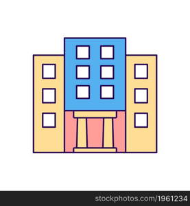 City building RGB color icon. Urban architecture. Civic and educational structure. Public place. College, university campus. School entrance. Isolated vector illustration. Simple filled line drawing. City building RGB color icon