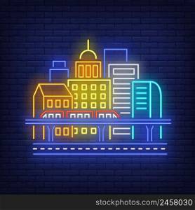 City buildings and sky train neon sign. Architecture, transport, downtown design. Night bright neon sign, colorful billboard, light banner. Vector illustration in neon style.