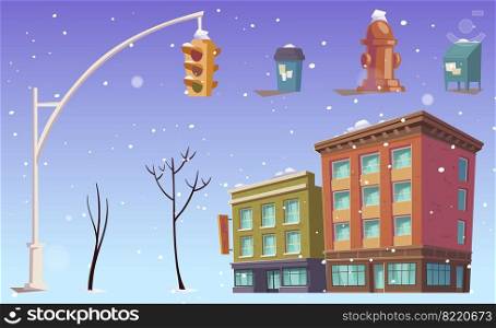 City buildings and stuff, traffic lights, street litter bin, hydrant and bare trees, falling snow. Urban two-storied houses, megapolis architecture, Cartoon vector illustration, isolated icons set.. City buildings, traffic lights, litter bin icons