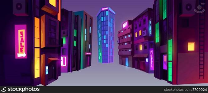 City buildings at night in perspective view. Urban landscape elements, houses and skyscraper with neon signboards and glowing windows, vector cartoon set isolated on background. City buildings at night in perspective view