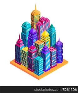 City Buildings Concept. City buildings concept with bright skyscrapers and street isometric vector illustration