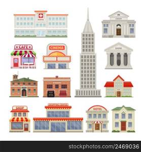 City buildings decorative icons set with administrative and residential constructions hotel cafe and cinema isolated vector illustration . City Buildings Decorative Icons Set 