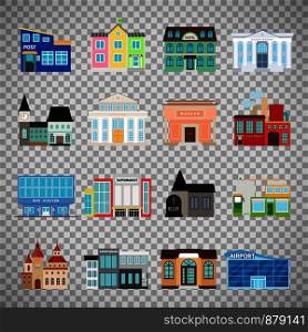 City buildings flat icons isolated on transparent background. Daycare and hotel, courthouse and airport, bus station and the business center. Vector illustration. City buildings icons on transparent background