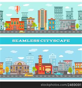 City buildings horizontal banners with colorful houses road transport trees clouds on blue background isolated vector illustration. City Buildings Horizontal Banners
