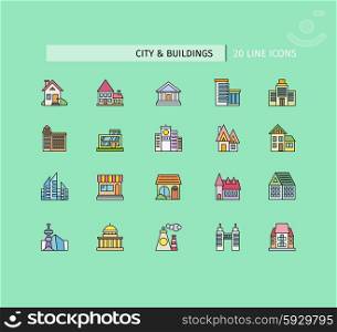 City buildings icons. Set of thin lines color icons on green background. For web site construction, mobile applications, banners, corporate brochures book covers layouts