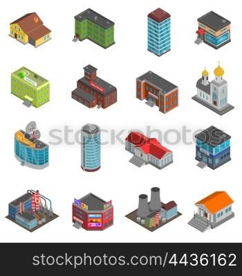City Buildings Isometric Icons Set . City buildings isometric icons set of colorful houses of different form isolated vector illustration