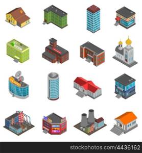 City Buildings Isometric Icons Set . City buildings isometric icons set of colorful houses of different form isolated vector illustration