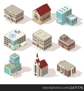 City buildings isometric icons set with hospital church and school police and theater mall isolated vector illustration. City Buildings Isometric Icons Set