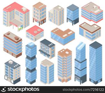 City buildings isometric set with urban life and architecture symbols isolated vector illustration. City Buildings Set