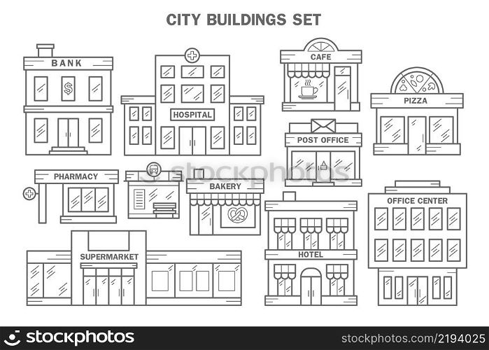 City buildings line icon set. Urban architecture elements. Bank, hospital, cafe, pizza, pharmacy, bus stop, bakery, post office, hotel and suprrmarket. Vector illustration EPS 10. City buildings line icon set. Urban architecture elements. Bank, hospital, cafe, pizza, pharmacy, bus stop, bakery, post office, hotel and suprrmarket. Vector illustration EPS 10.