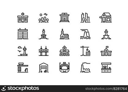 City buildings line icons. Real estate home and office construction and renovation, motel and city property, hospital airport stadium. Vector stroke of home building, residential estate illustration. City buildings line icons. Real estate home and office construction and renovation, motel and city property, hospital airport stadium. Vector editale stroke