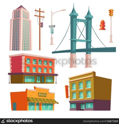 City buildings, modern houses architecture bridge, store, pizzeria and multistory skyscraper tower, street lamp, fire hydrant and high voltage pole with traffic light. Cartoon vector illustration. City buildings, bridge modern architecture set