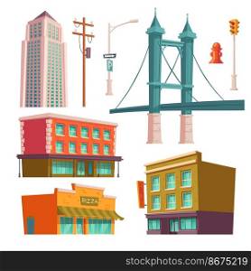 City buildings, modern houses architecture bridge, store, pizzeria and multistory skyscraper tower, street l&, fire hydrant and high voltage pole with traffic light. Cartoon vector illustration. City buildings, bridge modern architecture set