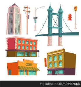 City buildings, modern houses architecture bridge, store, pizzeria and multistory skyscraper tower, street lamp, fire hydrant and high voltage pole with traffic light. Cartoon vector illustration. City buildings, bridge modern architecture set