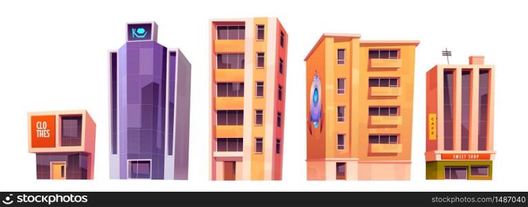 City buildings, modern houses architecture clothe store, cafe and sweet shop, multistory skyscraper tower of business office center or hotel with glass windows exterior, Cartoon vector illustration. City buildings, modern houses architecture set