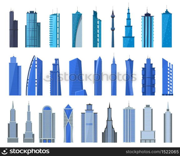 City buildings. Modern office building exterior, business city skyscrapers, architecture cityscape tall houses vector illustration icons set. Skyscraper office building, tall exterior construction. City buildings. Modern office building exterior, business city skyscrapers, architecture cityscape tall houses vector illustration icons set