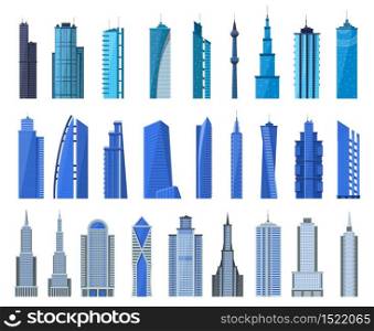 City buildings. Modern office building exterior, business city skyscrapers, architecture cityscape tall houses vector illustration icons set. Skyscraper office building, tall exterior construction. City buildings. Modern office building exterior, business city skyscrapers, architecture cityscape tall houses vector illustration icons set