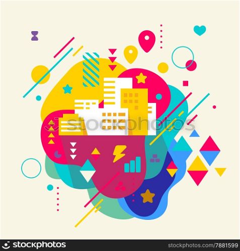 City buildings on abstract colorful spotted background with different elements. Flat design.