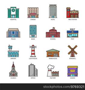 City buildings outline icons. Town commercial real estate, city official buildings, urban architecture vector icons. Factory, office and church, windmill, warehouse and airport, school, bank, police. City architecture buildings color outline icons