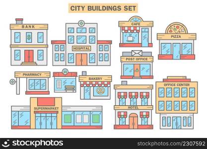 City buildings set. Urban architecture elements. Bank, hospital, cafe, pizza, pharmacy, bus stop, bakery, post office, hotel and suprrmarket. Vector illustration. City buildings set. Urban architecture elements. Bank, hospital, cafe, pizza, pharmacy, bus stop, bakery, post office, hotel and suprrmarket. Vector illustration EPS 10.