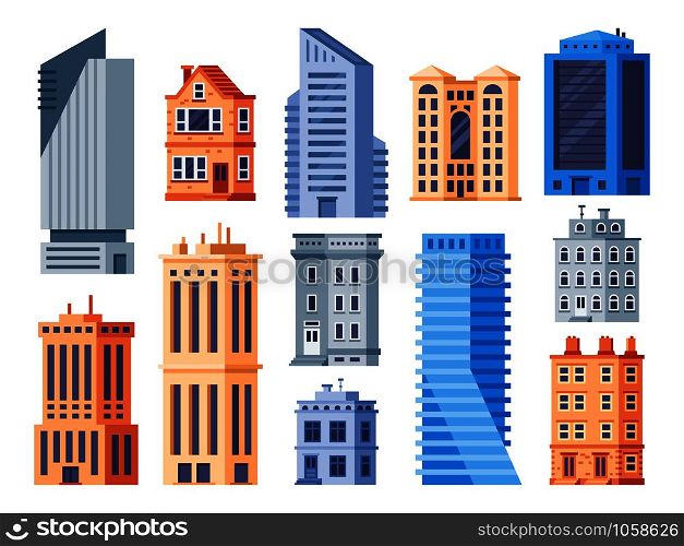 City buildings. Urban office exterior, living house building and apartment house. Municipal office, theater and cottage. Smart city buildings, future cityscape flat isolated vector icons set. City buildings. Urban office exterior, living house building and apartment house isolated vector icons set