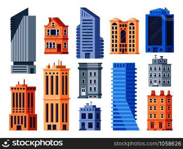 City buildings. Urban office exterior, living house building and apartment house. Municipal office, theater and cottage. Smart city buildings, future cityscape flat isolated vector icons set. City buildings. Urban office exterior, living house building and apartment house isolated vector icons set