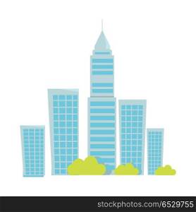 City Buildings vector illustration in flat style. Skyscrapers picture for estate, architectural concepts, web pages, app icons, infographics, logotype design. Isolated on white background. . City Buildings Vector Illustration In Flat Design.. City Buildings Vector Illustration In Flat Design.