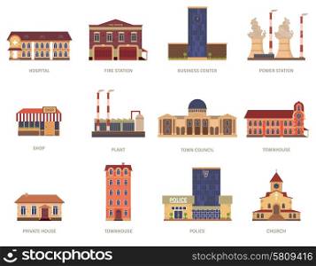 City buildings vintage icons set . Vintage city buildings of hospital fire station and downtown business center icons set abstract isolated vector illustration. Editable EPS and Render in JPG format