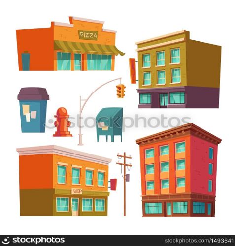 City buildings with apartments and shops isolated on white background. Vector cartoon set of front exterior of residential houses and commercial architecture, traffic light, trash bin and fire hydrant. City buildings with apartments and shops