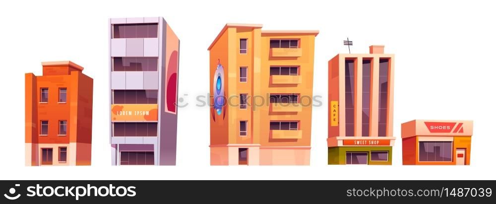 City buildings with apartments, office and store isolated on white background. Vector cartoon set of facade of residential house, business and commercial architecture. City buildings with apartments, office and store