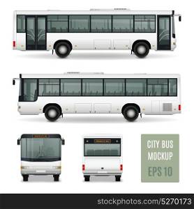 City Bus Realistic Advertising Template. Modern city bus realistic advertising template side view front and rear on white background isolated vector illustration