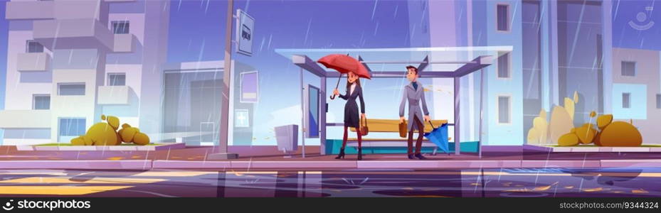 City bus stop at bad rainy weather with people vector background. Sad man and happy woman character with umbrella in shelter bear street road. Rainfall and water puddle on sidewalk urban landscape. City bus stop at bad rainy weather with people