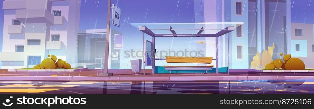 City bus stop at rainy weather, commuter station for transport under autumn stormy rain on cityscape view. Glass shelter with bench on wet roadside with zebra and puddles, Cartoon vector illustration. City bus stop at rainy weather, commuter station