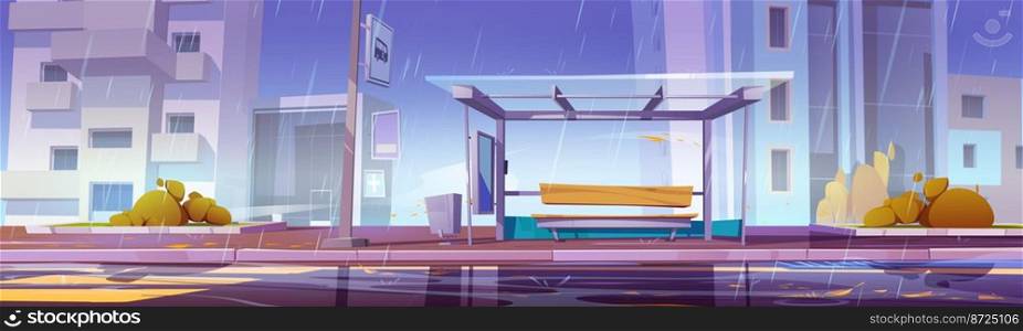 City bus stop at rainy weather, commuter station for transport under autumn stormy rain on cityscape view. Glass shelter with bench on wet roadside with zebra and puddles, Cartoon vector illustration. City bus stop at rainy weather, commuter station