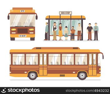 City Bus Stop Flat Icons. Color flat decorative icons depicting bus stop people and city bus vector illustration