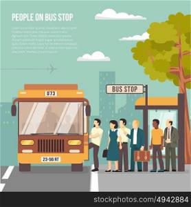 City Bus Stop Flat Poster. People getting on bus at shelter stop in city flat poster with information on transportation vector illustration