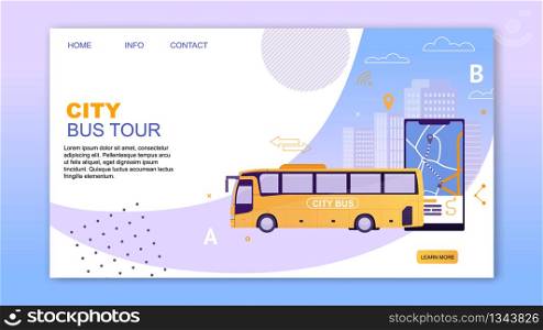 City Bus Tour Flat Cartoon Banner Vector Illustration. Bus Vehicle with Map Application on Mobile Phone. Puplic Transport Route. Urban and Countryside Traffic. Comfortable Moving Website Design.