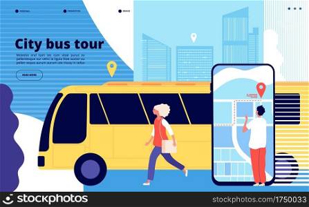 City bus tour. Tourists and urban bus vehicle with cityscape and map mobile app. Tourism and transportation vector landing page. Illustration bus city tour banner, transportation travel. City bus tour. Tourists and urban bus vehicle with cityscape and map mobile app. Tourism and transportation vector landing page