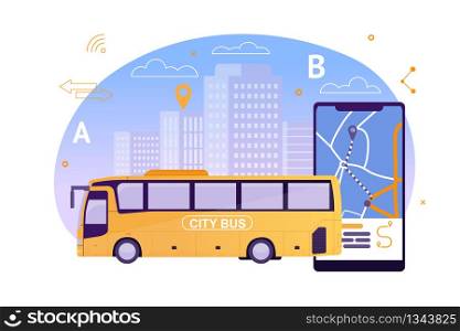 City Bus with Map Application on Mobile Phone Flat Cartoon Vector Illustration. Puplic Transport Route around Town. Urban and Countryside Traffic Concept. Comfortable Moving. Cityscape on Background.