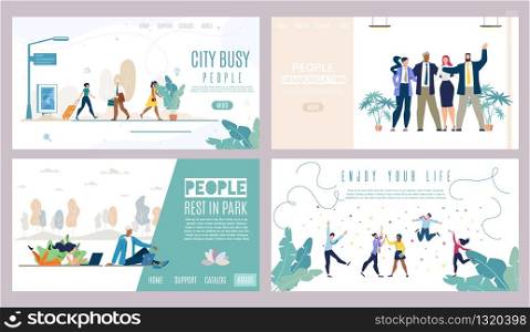 City Busy People, Rest in Park, Business Communication, Successful Lifestyle Flat Vector Web Banners, Landing Pages Set. Business Team, Man and Woman Using Laptop in Park, Happy People Illustration