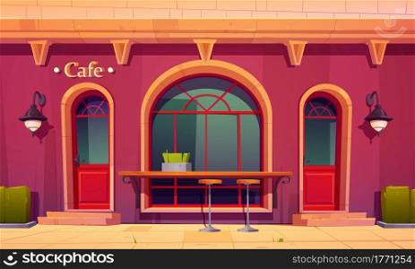 City cafe, coffee house exterior with outdoor bar counter and high chairs front of arched window. Cafeteria facade, building ground floor with wide glasses, vintage design, Cartoon vector illustration. City cafe, coffee house exterior with bar counter