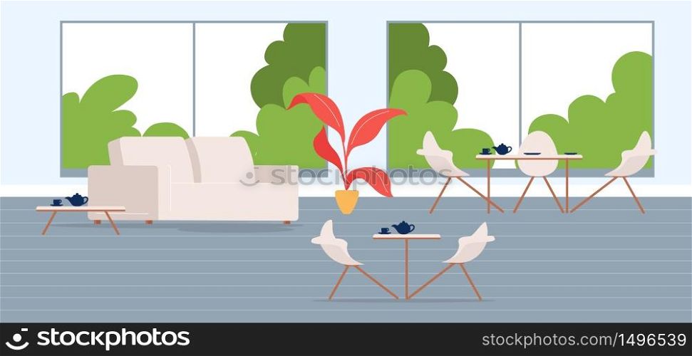 City cafe flat color vector illustration. Contemporary coffeehouse. Modern furnished restaurant. Coffee shop 2D cartoon interior with comfortable tables and chairs interior on background. City cafe flat color vector illustration