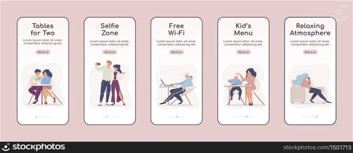 City cafe services onboarding mobile app screen flat vector template. Relaxing in coffeehouse. Walkthrough website steps with characters. UX, UI, GUI smartphone cartoon interface, case prints set. City cafe services onboarding mobile app screen flat vector template