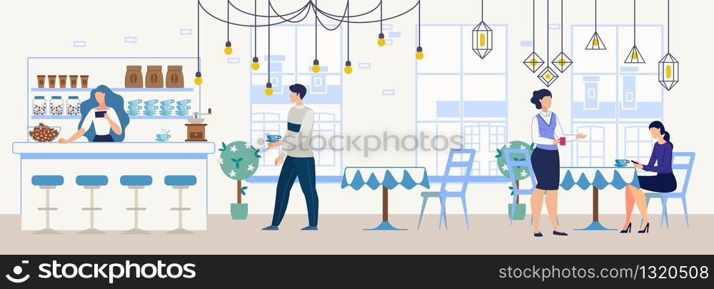 City Cafeteria, Cozy Restaurant or Coffee Shop Flat Vector Interior. Man and Women Sitting at Table in Cafe, Drinking Coffee, Buying Drinks, Female Bartender Standing at Counter Desk Illustration