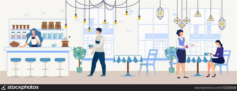 City Cafeteria, Cozy Restaurant or Coffee Shop Flat Vector Interior. Man and Women Sitting at Table in Cafe, Drinking Coffee, Buying Drinks, Female Bartender Standing at Counter Desk Illustration