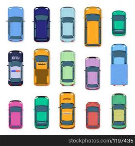 City car top view. City traffic cars roof, street vehicle taxi, police, subcompact and jeep car above view. Auto transport isolated vector illustration set. flat vehicles from above. City car top view. City traffic cars roof, street vehicle taxi, police, subcompact and jeep car above view. Auto transport isolated vector illustration set