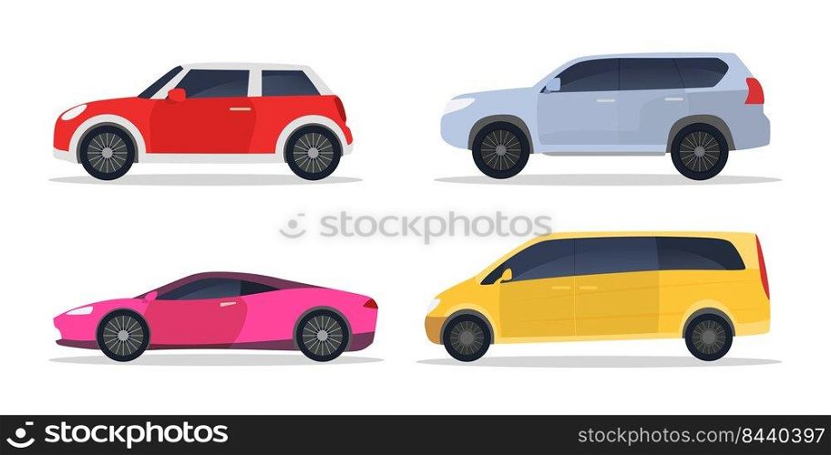 City cars set. Hatchback, sport car, minivan, suv, side view. Vector illustration for automobile, transportation, vehicle concept