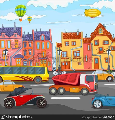 City Cartoon with Traffic. Vector Illustration. EPS 10.