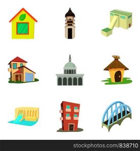 City center icons set. Cartoon set of 9 city center vector icons for web isolated on white background. City center icons set, cartoon style